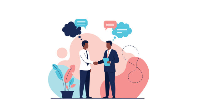 Business partnership concept shows two professionals in suits shaking hands while exchanging various ideas represented by colorful thought bubbles.