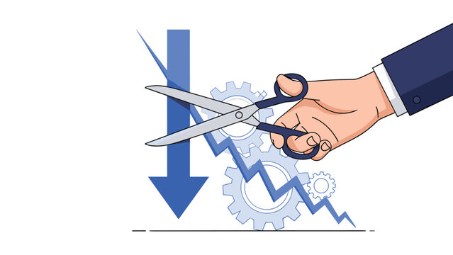 Precise hand uses silver scissors to cut a declining blue arrow in front of gear wheels to symbolize cutting losses and improving economic efficiency.