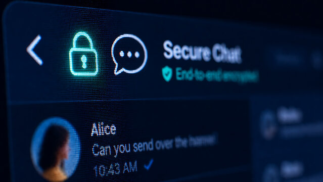Secure chat messaging application with end to end encryption showing private conversation and lock icon for user confidentiality