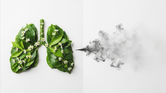 Health - Green Leaf Lungs Exhaling Black Smoke Representing Air Pollution and Respiratory Health Awareness
