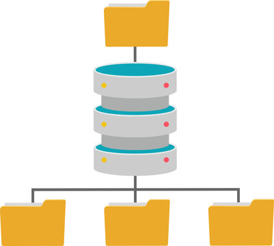 Relational database concept illustrates data organization, storage, accessibility with connected folders representing information systems.