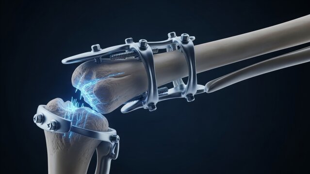 Medical - Robotic Arm Connecting to Human Knee Joint with Orthopedic Implant Screws and Blue Electric Neural Signals