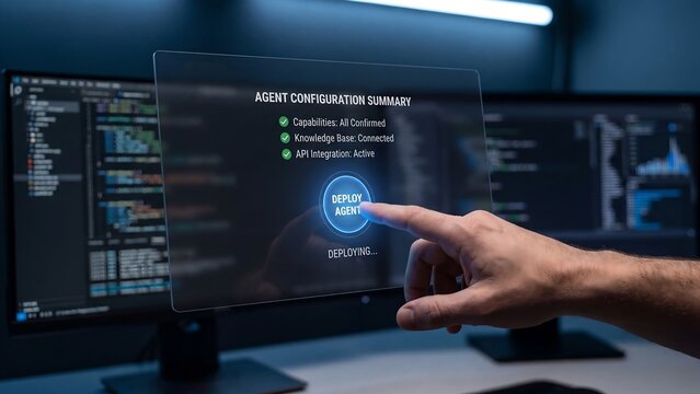 Man's hand pressing a deploy button on a futuristic holographic interface displaying agent configuration summary