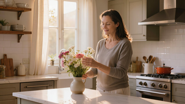 Middle-Aged Woman Arranging Fresh Flowers in Vase on Kitchen Counter, Happy Homemaker Decorating Bright Home Interior, Morning Lifestyle