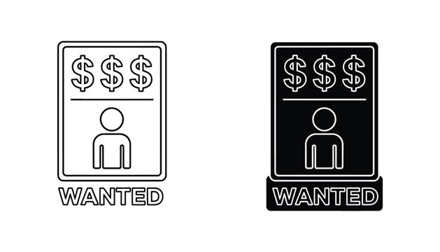 Wanted person poster icon with dollar sign currency symbol in outline and solid black styles for security and bounty hunt themes