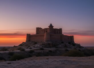 Obraz premium Ancient stone fortress on a hill at sunset, uzbekistan