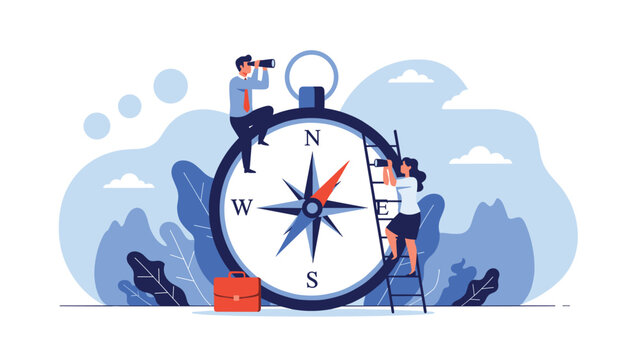 Business strategy and vision concept showing man and woman using telescopes while standing on giant navigation compass for future planning.