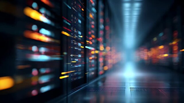 Data server racks with blinking lights in a modern data center server room, network switches and cables with glowing optical fiber data transfer, high-tech abstract background motion footage clip.