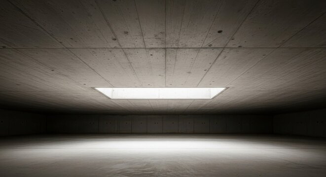 Minimalist concrete ceiling with bright recessed skylight in modern architectural interior space
