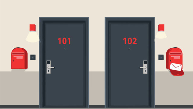 Apartment hallway scene showing two dark grey doors numbered one hundred one and two with red mailboxes and delivered white paper letter.