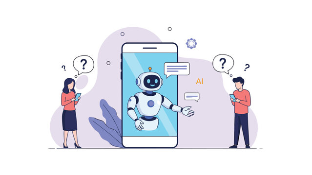 Virtual assistant and ai chatbot communication concept showing man and woman using mobile devices to talk to robot on giant smartphone screen.