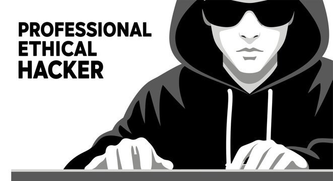 Vector illustration of a professional ethical hacker wearing a black hoodie and sunglasses working on a laptop.
