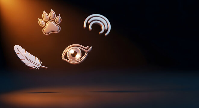 3D rendered floating animal icons including paw print, eye, feather and ear on dark background