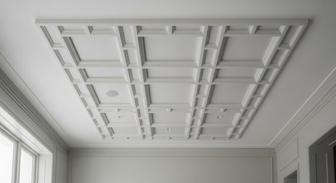 Modern Coffered Ceiling with Recessed Square Panels and Subtle Lighting Accents