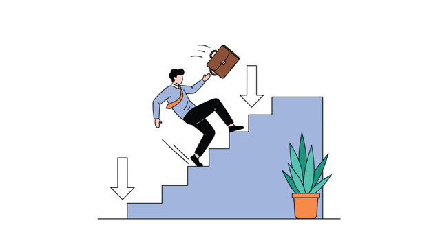 Career downfall and business failure concept showing man in suit falling down set of stairs with downward pointing arrows and office plant.