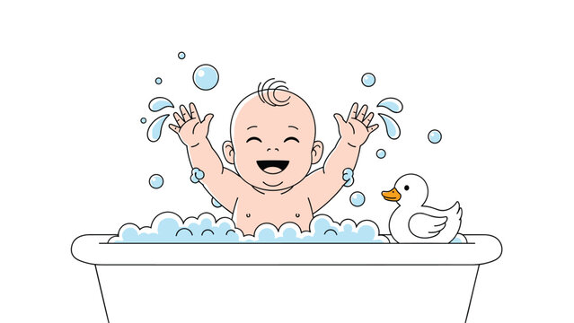 Happy baby splashes in a bathtub filled with soap bubbles and a yellow rubber duck during a fun bath time at home in a clean bathroom.