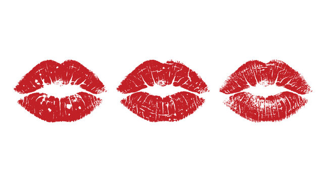 Romance themed decorative elements set in a vintage line style, red lipstick marks, sensual mouth shapes, and kiss prints