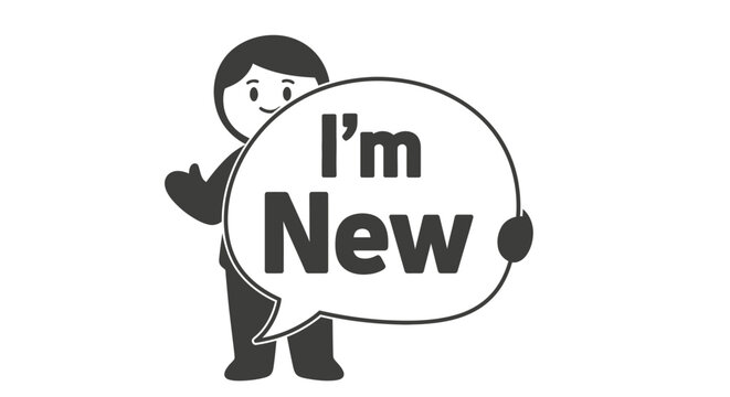 Minimalist vector illustration of a friendly character holding a speech bubble with the text "I'm New". Concept of a newcomer, welcome, or beginning.