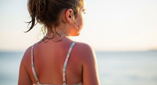 Girl with severe sunburn on skin standing by ocean at sunset. Child skin damage from ultraviolet rays. Health care concept related to summer sun protection, skincare and medical advice.