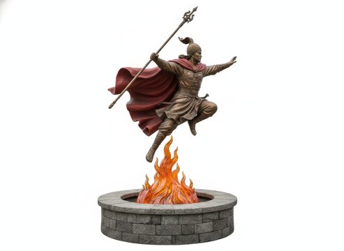 Bronze statue of a leaping warrior holding a spear above flames