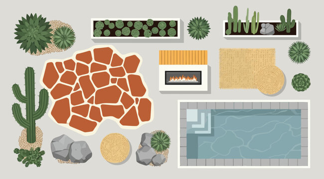Top view landscape design elements, garden and patio set, vector illustration