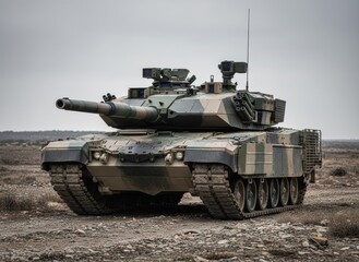 Fototapeta premium Camouflaged main battle tank with large cannon on desert terrain