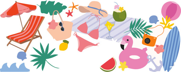 Fototapeta premium Summer beach doodle vector set with deck chair, bikini, flamingo float, surfboard, camera, umbrella, tropical leaves and vacation accessories. Hand drawn summer illustration for poster and banner.