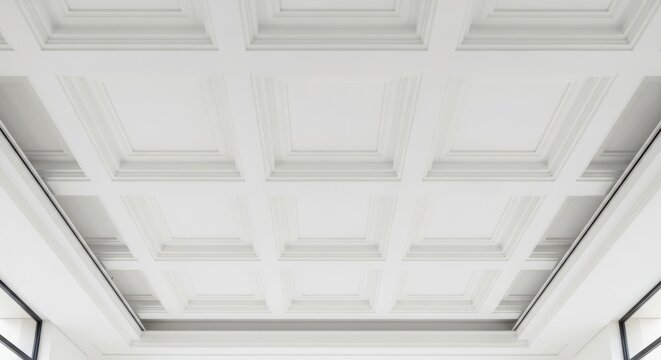 Intricate white coffered ceiling with symmetrical geometric panels and deep recesses creating shadow and light effects