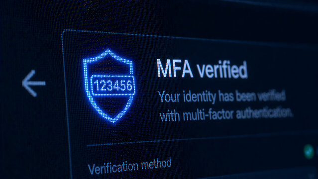 Multi factor authentication verified interface showing otp code on blue shield for two step login verification success