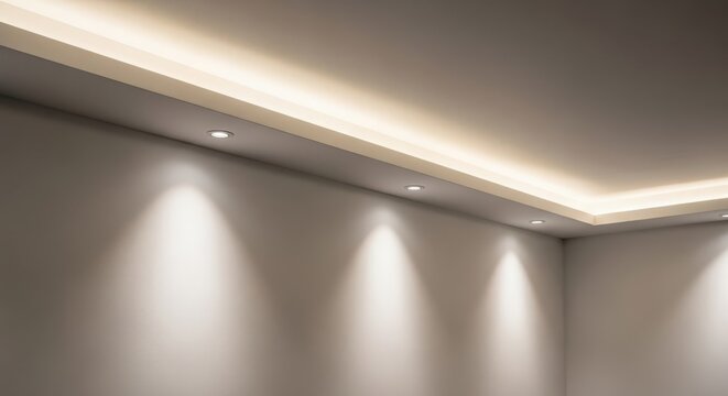 Modern interior ceiling with recessed downlights and warm ambient strip lighting creating a sophisticated atmosphere