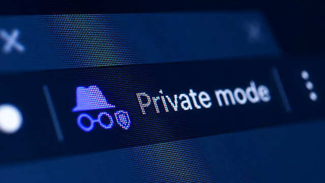 Browser private mode interface with detective hat and shield icon for anonymous web surfing and internet privacy protection on digital screen