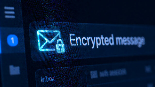 Encrypted email message interface with glowing envelope and lock icon for private communication on dark digital screen