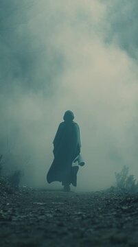 Lonely figure walking into dense fog, cloak billowing in the wind, desaturated colors, cinematic framing, slow motion, creating an emotional, atmospheric, and loopable scene.
