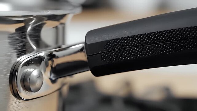 Close up of a professional espresso machine portafilter being attached.
