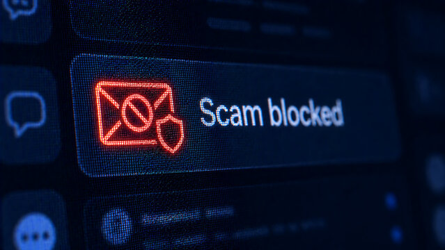 Scam blocked warning interface with red envelope and prohibition sign for email fraud prevention and spam filter on digital device