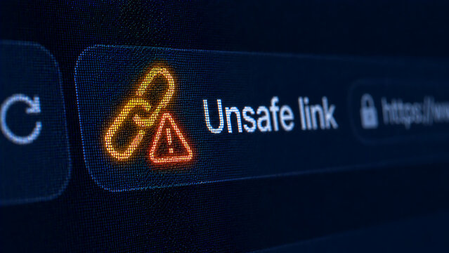 Unsafe link warning alert on browser interface with orange triangle icon and broken chain symbol for phishing protection and safety