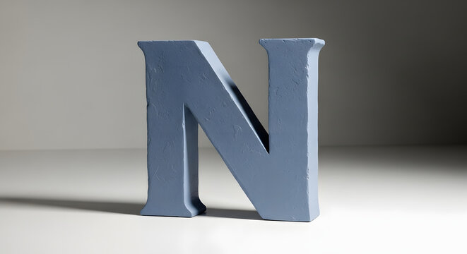 Blue letter N standing on a white reflective surface