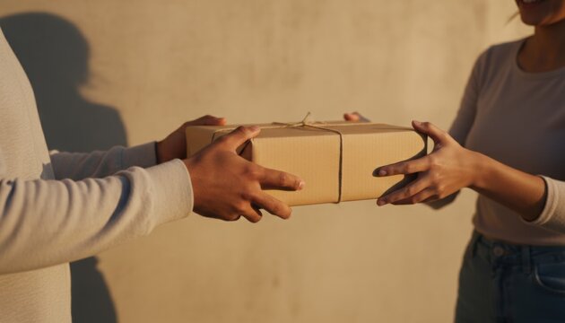 Two people exchanging brown cardboard package tied with string during golden hour outdoors representing delivery service and gift giving concept