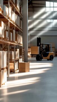 A large dimly lit warehouse shows shelves lined with boxes. Forklifts move slowly, carrying items across the open space. Light shines through the windows