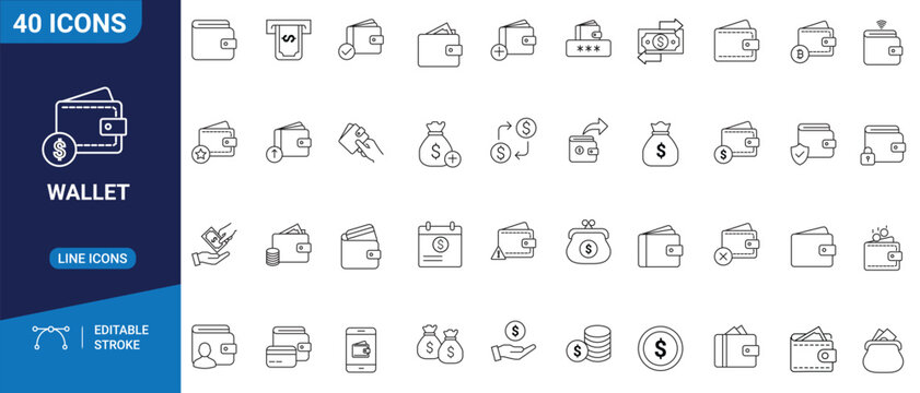 Wallet set icon featuring minimalist outline illustrations of personal finance, digital payments, and e-wallet applications.