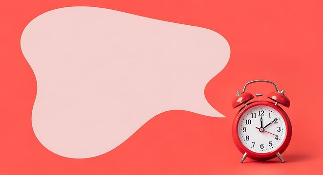 red alarm clock with speech bubble on salmon background