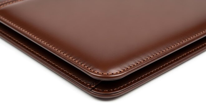 A close-up of a closed brown leather wallet and purse isolated on a white background representing business finance and wealth with cash and a credit card tucked inside the billfold