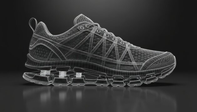 Wireframe model of athletic running shoe showing internal spring suspension system and high tech mechanical design for sports performance gear