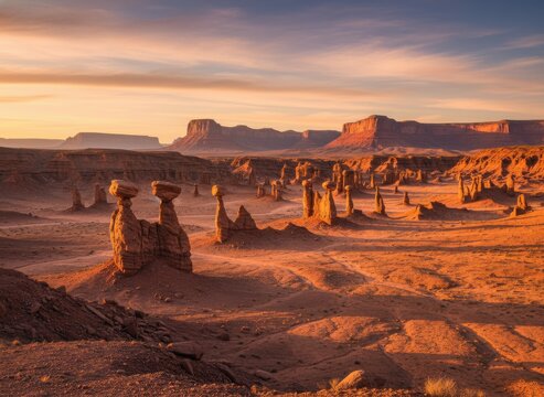 Hoodoo rock formations in the utah desert at sunset