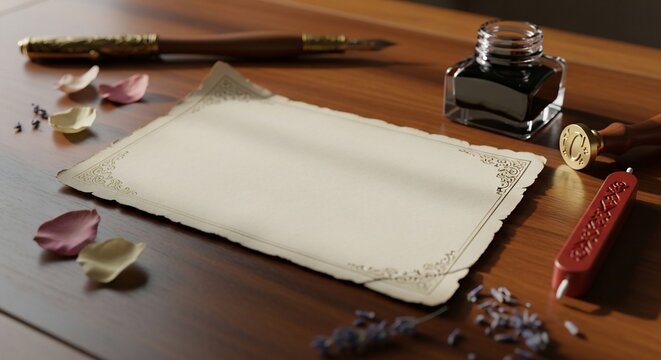 Blank vintage paper for writing with ink and wax seal on wooden desk