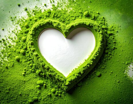 MINIMALIST WELLNESS CONCEPT, HEART SYMBOL IN GREEN TEA POWDER