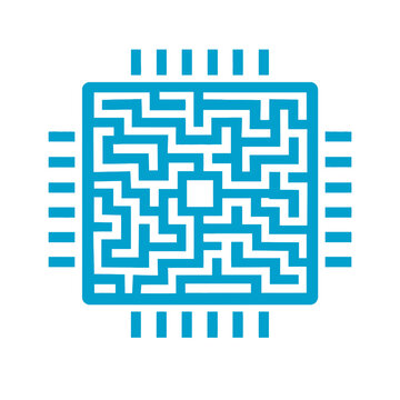 A minimalist graphic of a square processor chip designed as an intricate labyrinth maze