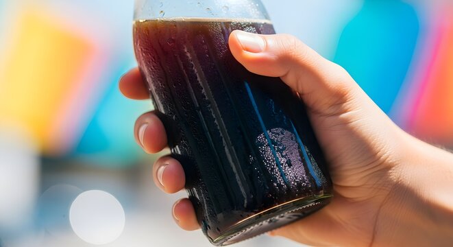 Hand Gripping Glass Bottle Filled With Chilled Dark Soda Or Cold Brew Against Bright Colorful Abstract Background, Emphasizing Summer Refreshment, Street Festival Vibes, And Energetic Outdoor Lifestyl