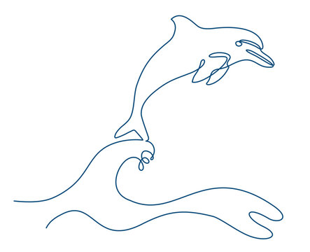 Continuous one line drawing of dolphin jumping over the wave. Hand drawn illustration of a cute dolphin. One single line drawing of dolphin for company logo identity, circus icon