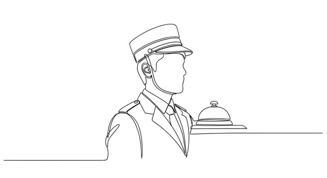 Hotel bellboy with service bell in minimalist line style